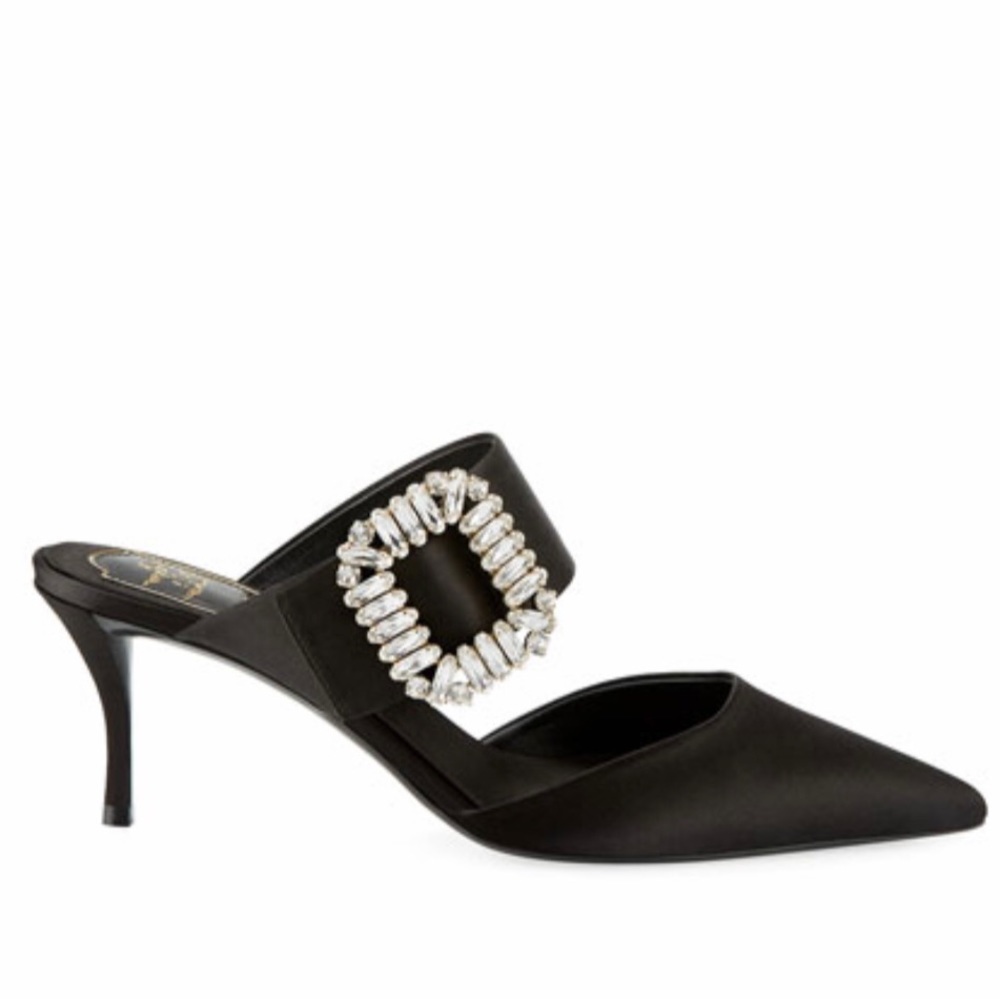 Roger Vivier Strass Crystal Buckle Pointed Toe Shoes Mules Slides Heels Satin 36